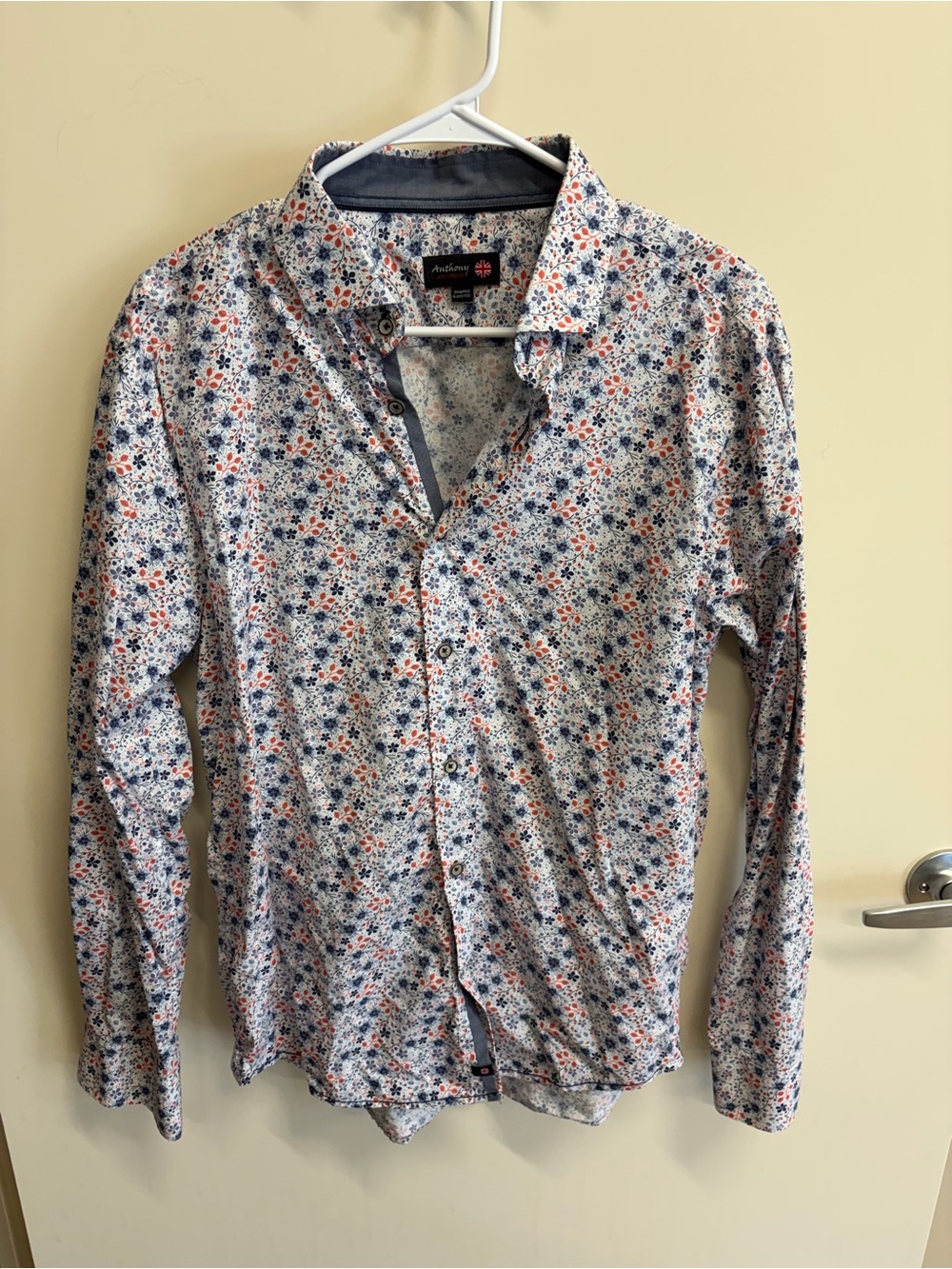 Men's Floral Button-Down Shirt in White with Blue & Orange Accents